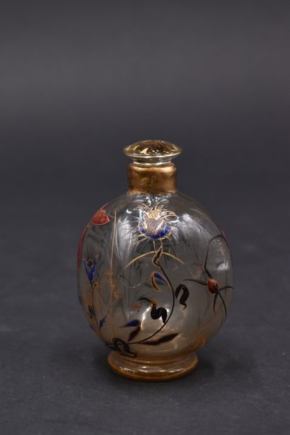 null Emile GALLE (1864-1904). Bottle with spherical body of square section on pedestal...