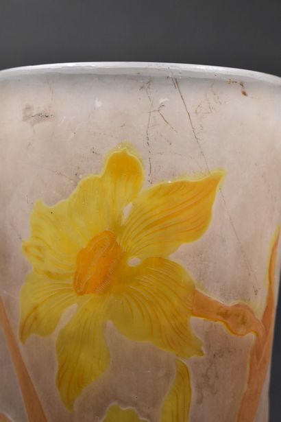 null ETABLISSEMENTS GALLE (1904-1936). Conical vase on a bulging base. Yellow and...