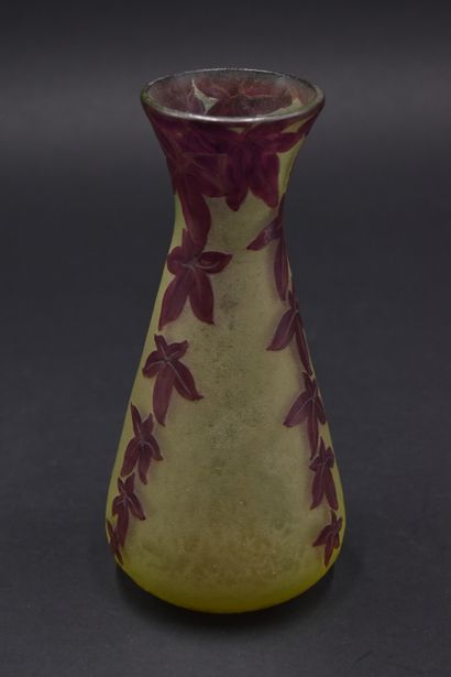 null LEGRAS. Yellow glass conical vase 51 open neck with stylized vines engraved...