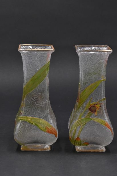 null FRENCH WORK. A pair of white glass vases with a square baluster body, acid-etched...