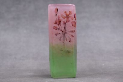 DAUM DAUM. Glass soliflore with enamelled geraniums on a green and pink frosted background....