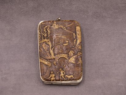 Porte monnaie. Metal and embossed leather wallet decorated with rustic scenes. Dimensions:...