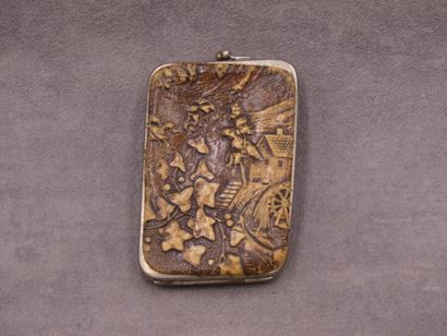 Porte monnaie. Metal and embossed leather wallet decorated with rustic scenes. Dimensions:...