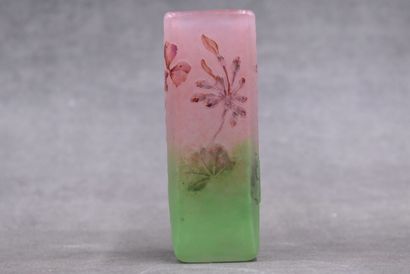 DAUM DAUM. Glass soliflore with enamelled geraniums on a green and pink frosted background....