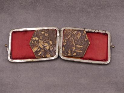 Porte monnaie. Metal and embossed leather wallet decorated with rustic scenes. Dimensions:...