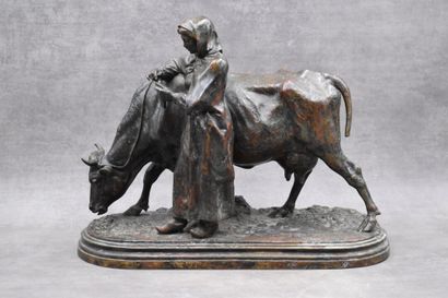 null Isidore Jules BONHEUR (1827-1901) Femme au boeuf, bronze à patine brune signé....