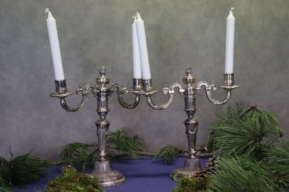 null CHRISTOFLE. Paire de chandeliers à deux lumières en métal argenté, à décor godronné...