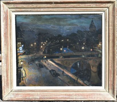 Maurice DELAVIER Maurice DELAVIER, Paysage urbain noctrune, huile sur toile. Signé...