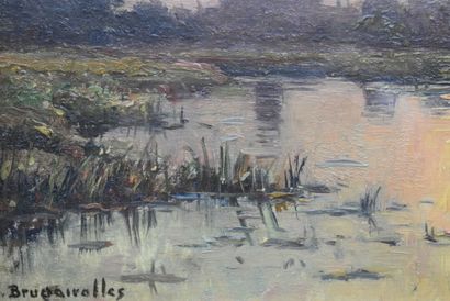 null Victor BRUGAIROLLES (1869-1936), Couché de soleil sur rivière, huile sur panneau....