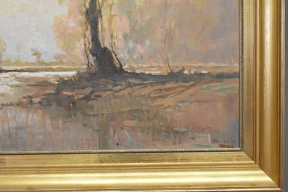 null Henri PROST (1874-1959), Le bonhomme au fond de l'étang, huile sur toile. Signé...