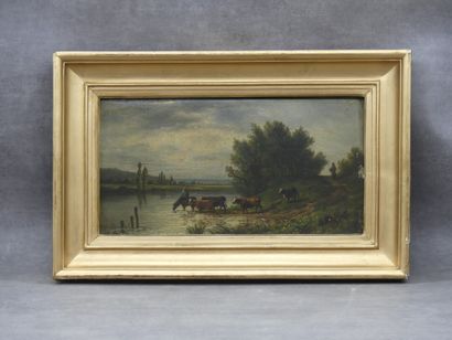 Bord de rivière Ecole françasie du XIXème siècle, Au bord de la rivière, huile sur...