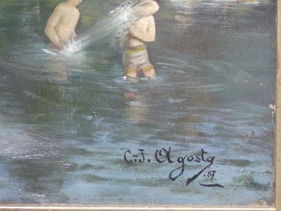 null Ecole du XIXème siècle, Femmes au bain, huile sur toile, Signé en bas à droite...