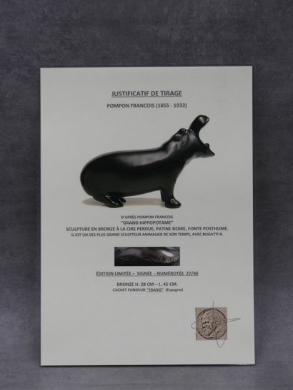 null François POMPON (1855-1933) (d'après), Grand hippopotame, sculpture en bronze...