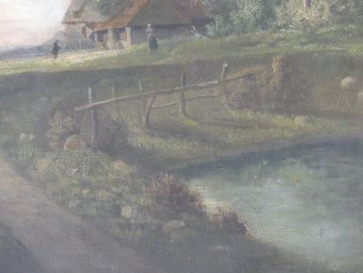 Paysage Ecole du XIXème siècle, Paysage animé, huile sur toile, Signé en bas à droite....