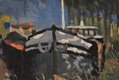 null Henri AUCHERE (1908-2000), Péniches, huile sur toile. Signé en bas à droite....