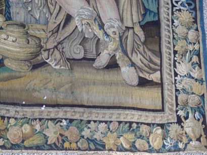 TAPISSERIE AUBUSSON. Cléopatre et Marc Antoine, bordure décor floral, polychromie...