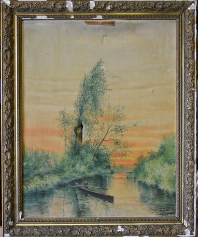 E.VIORNAY? E. VIORNAY, Sunset on the river and the man in the boat, oil on canvas....