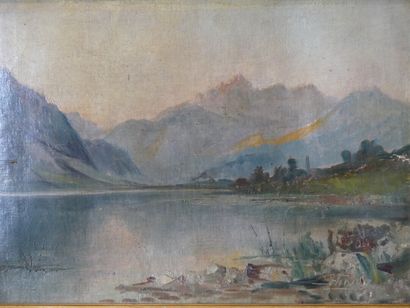 Ecole du XIXe siècle. Paysage de lac et montagnes École du XIXe siècle. Paysage de...