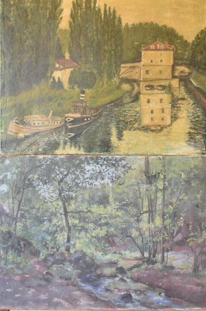 Canal et foret. École du XX siècle. Réunion de deux tableaux, Canal et foret. École...