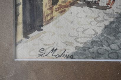 G. MOLINA, Femme avec enfant dans la rue G. MOLINA, Watercolor Woman with child in...
