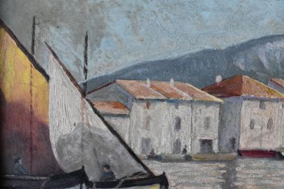 Paysage de port École du XXe siècle, huile sur carton, paysage de port, signé initiales...