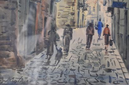 G. MOLINA, Acuarelle Personnes dans une rue de pierre. G. MOLINA, Watercolor. People...