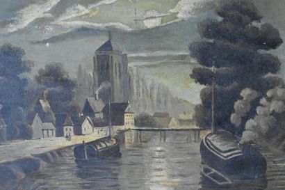 Paysage d'un canal avec bateaux. L. Cirés, School of the XXth century, Signed at...