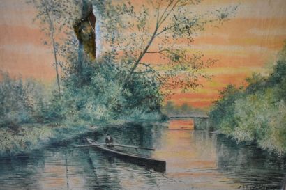 E.VIORNAY? E. VIORNAY, soleil couchant sur la rivière et l'homme à la barque, huile...