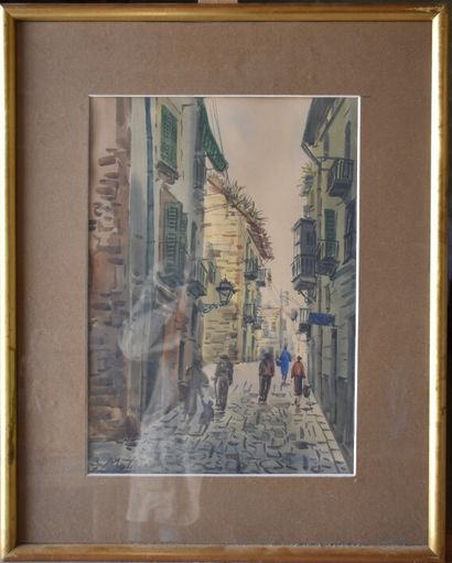 G. MOLINA, Acuarelle Personnes dans une rue de pierre. G. MOLINA, Watercolor. People...