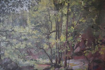 Canal et foret. École du XX siècle. Meeting of two paintings, Canal and forest. School...