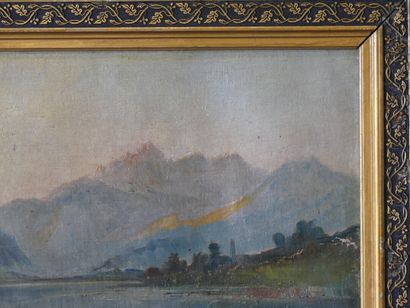 Ecole du XIXe siècle. Paysage de lac et montagnes School of the 19th century. Lake...