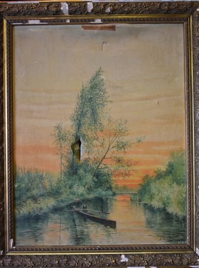 E.VIORNAY? E. VIORNAY, soleil couchant sur la rivière et l'homme à la barque, huile...