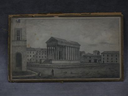 La Maison carrée Ecole du XIXème siècle, La Maison Carrée à Nimes, fusain sur papier....