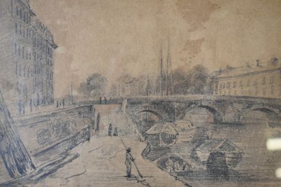 null Ecole du XIXème siècle, Pont en ville , crayon noir sur papier, situé. Dimensions...