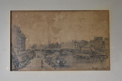 null Ecole du XIXème siècle, Pont en ville , crayon noir sur papier, situé. Dimensions...