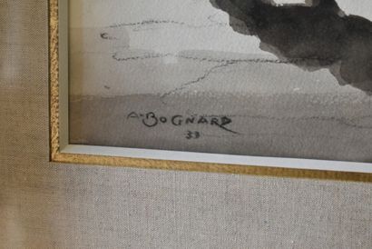 Auguste Lucien BOGNARD Auguste Lucien BOGNARD, Intérieur campagnard, lavis sur papier,...