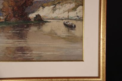 null Pierre WAIDMANN (1860-1937). Paysage de rivière. Pastel, signé en bas à gauche....