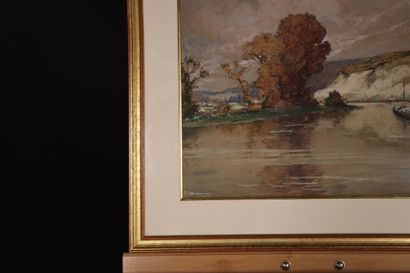 null Pierre WAIDMANN (1860-1937). Paysage de rivière. Pastel, signé en bas à gauche....