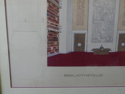 Bibliothèque Georgette GOY (XX), Bibliothèque, aquarelle, crayon et gouache sur papier....