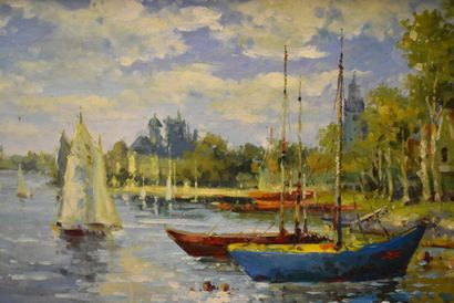 Barques au port. Ecole française du XXème siècle, Barques au port, huile sur toile....