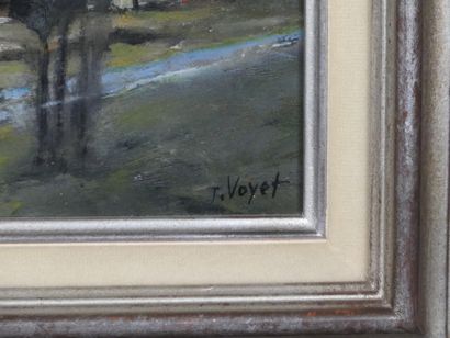 Huile sur toile Huile sur toile, Paysage et village, signée J.Voyet. H 17.5cm, l...