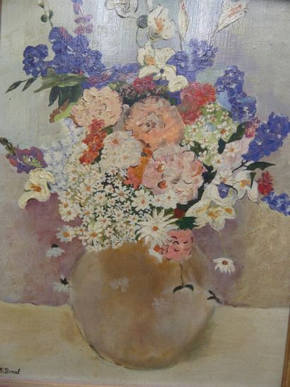 Bouquet de fleurs Ecole du XXème siècle, Bouquet de fleurs, huile sur panneau. Signé...