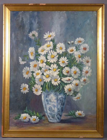 Bouquet de marguerites, huile sur toile Ecole française du XX7me siècle : Bouquet...