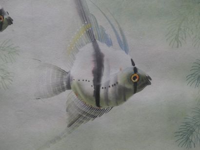 JAPON. Poissons dans les herbes JAPON. Poissons dans les herbes, aquarelle sur papier....