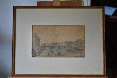 null Ecole du XIXème siècle, Pont en ville , crayon noir sur papier, situé. Dimensions...