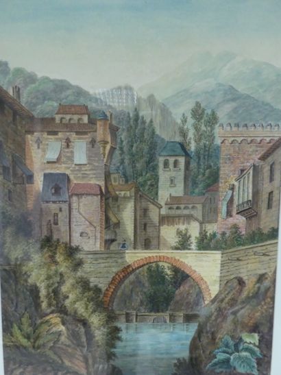 ARMAND GILLE XIXème siècle. "le pont du village". Aquarelle sur papier encadrée sous...