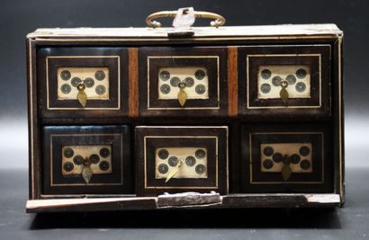 null Indo-Portuguese travelling cabinet in rosewood veneer and ivory marquetry. Brass...