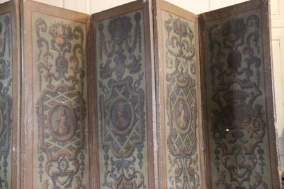 null Work of the 17th century. Folding screen with 8 leaves in painted canvas showing...