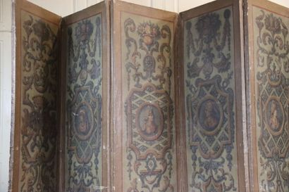 null Work of the 17th century. Folding screen with 8 leaves in painted canvas showing...