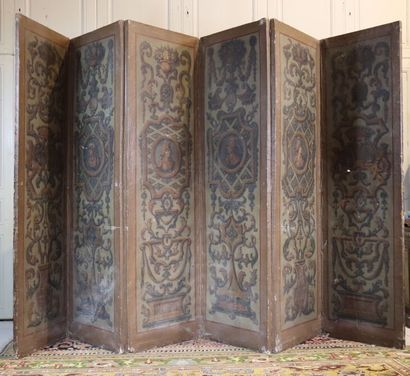 null Work of the 17th century. Folding screen with 8 leaves in painted canvas showing...